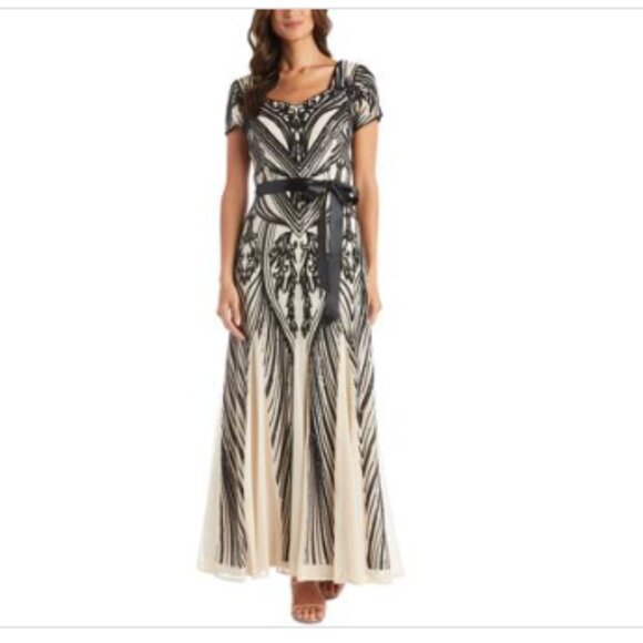 R M Richards Sequined Belted Dress ChampagneBlack - Picture 1 of 1